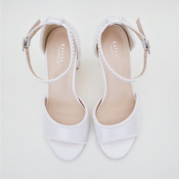 Kailee P. Satin Block Heel Wedding Bridal Sandals with Mini Pearls - Picture 8 of 15
